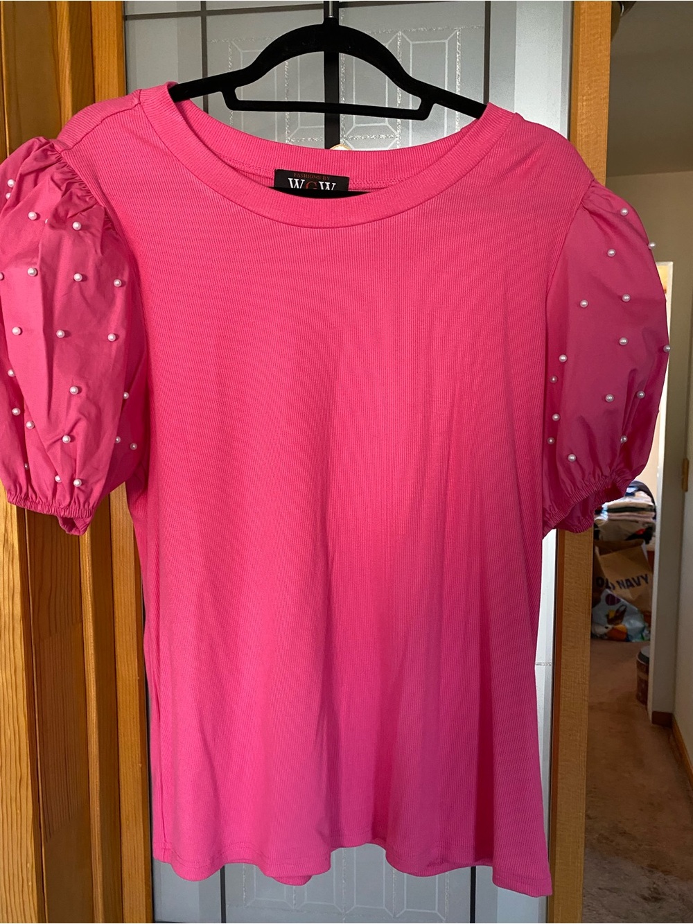 W by Worth Hot Pink Puff Sleeve Pearl-Embellished Tee